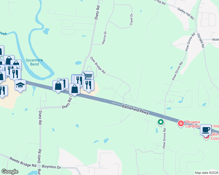map of restaurants, bars, coffee shops, grocery stores, and more near 388 Dyer Bridge Road in Ringgold