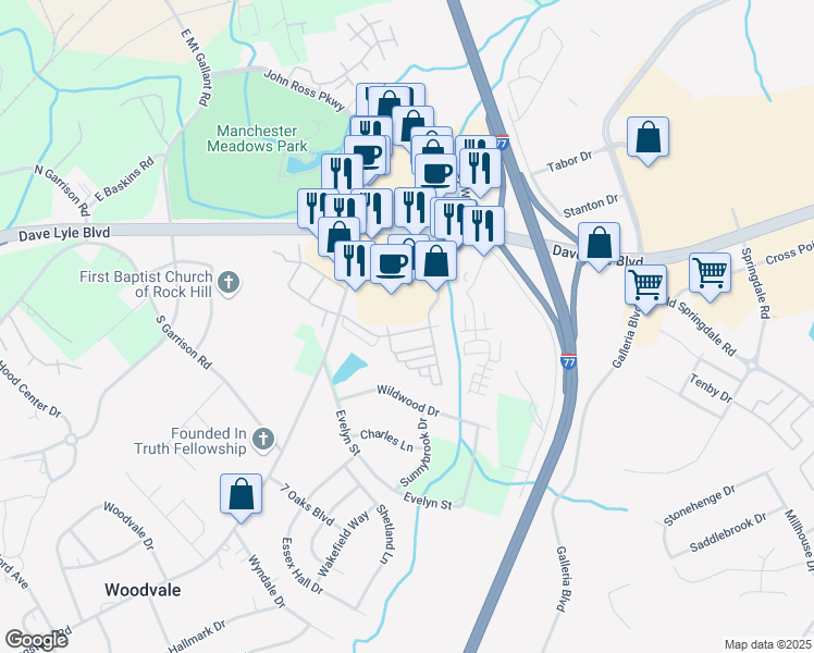 map of restaurants, bars, coffee shops, grocery stores, and more near 737 Atherton Way in Rock Hill