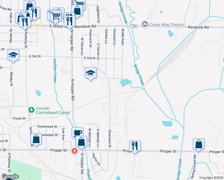 map of restaurants, bars, coffee shops, grocery stores, and more near 726-904 Pinecrest Street in Corinth