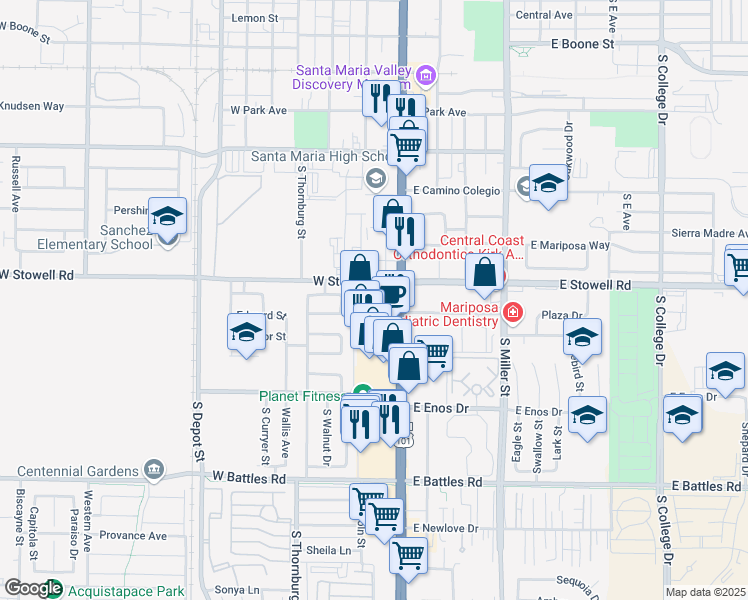 map of restaurants, bars, coffee shops, grocery stores, and more near 1321 South Broadway in Santa Maria