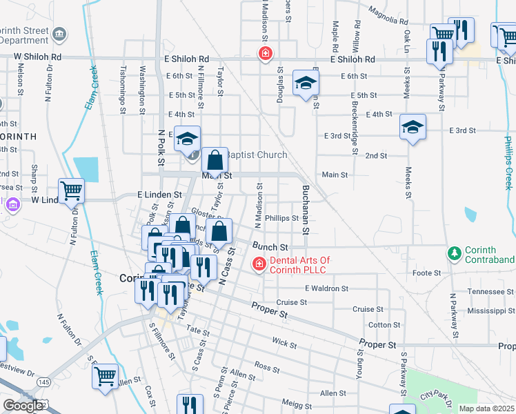 map of restaurants, bars, coffee shops, grocery stores, and more near 930 North Madison Street in Corinth