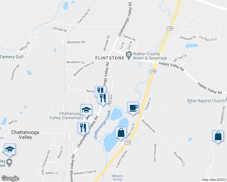 map of restaurants, bars, coffee shops, grocery stores, and more near 181 East Avenue in Chattanooga Valley