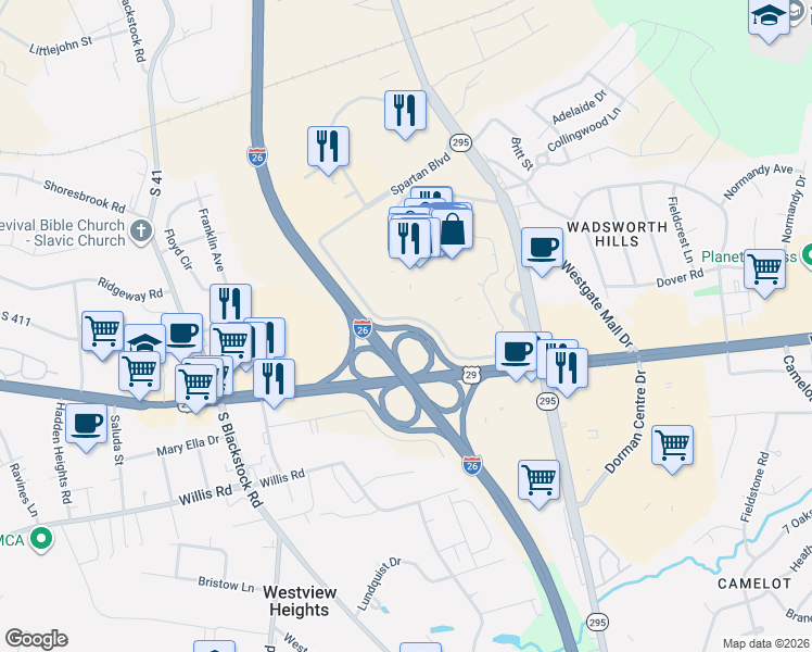 map of restaurants, bars, coffee shops, grocery stores, and more near in Spartanburg