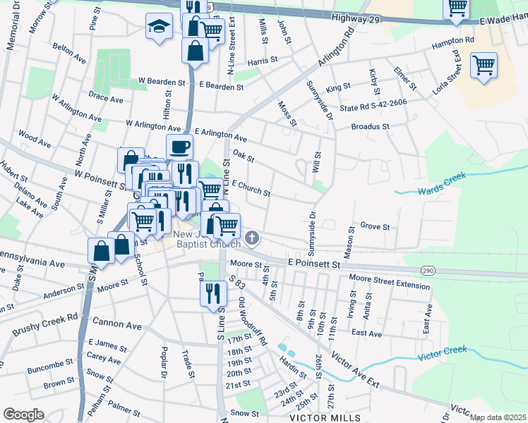 map of restaurants, bars, coffee shops, grocery stores, and more near 202 Austin Street in Greer