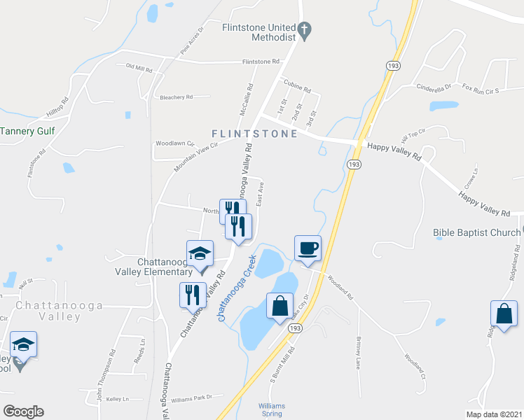 map of restaurants, bars, coffee shops, grocery stores, and more near 181 East Avenue in Chattanooga Valley