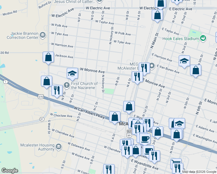 map of restaurants, bars, coffee shops, grocery stores, and more near 328 West Madison Avenue in McAlester