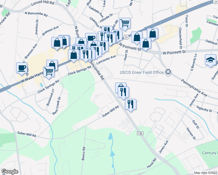 map of restaurants, bars, coffee shops, grocery stores, and more near 301 South Buncombe Road in Greer
