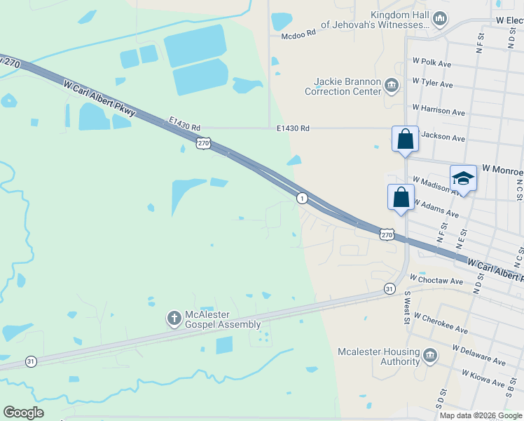 map of restaurants, bars, coffee shops, grocery stores, and more near 2400 Westside Road in McAlester