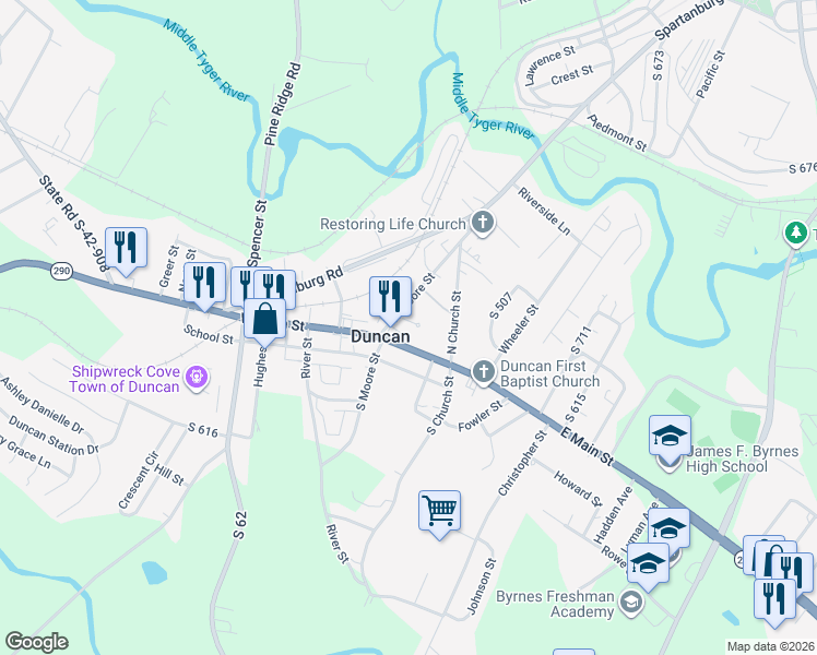 map of restaurants, bars, coffee shops, grocery stores, and more near 316 William Freeman Way in Duncan