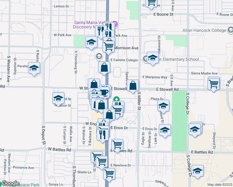 map of restaurants, bars, coffee shops, grocery stores, and more near 1316 South Broadway in Santa Maria