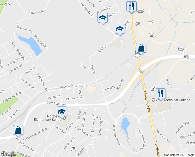 map of restaurants, bars, coffee shops, grocery stores, and more near 15 Church Street in Rock Hill