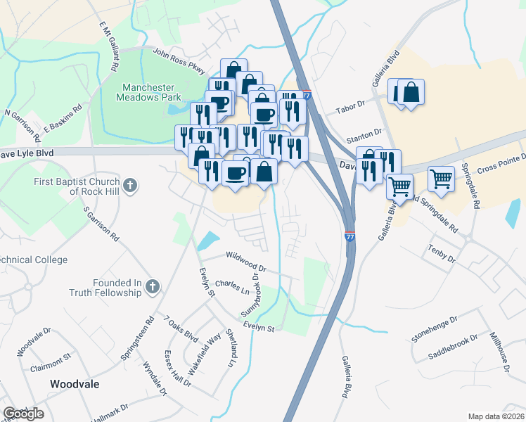 map of restaurants, bars, coffee shops, grocery stores, and more near 1744 Chamberside Drive in Rock Hill