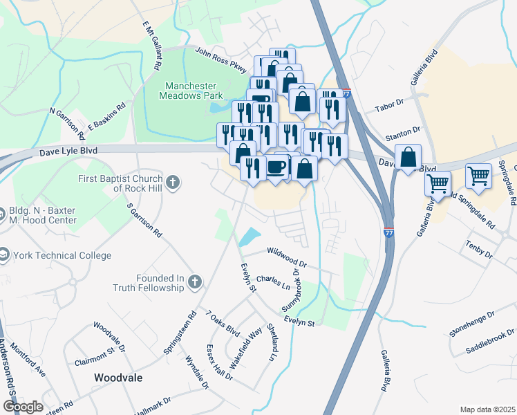 map of restaurants, bars, coffee shops, grocery stores, and more near 623 Atherton Way in Rock Hill