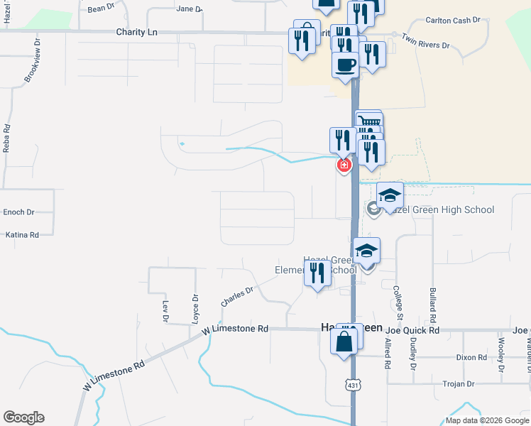 map of restaurants, bars, coffee shops, grocery stores, and more near 245 Charles Drive in Hazel Green
