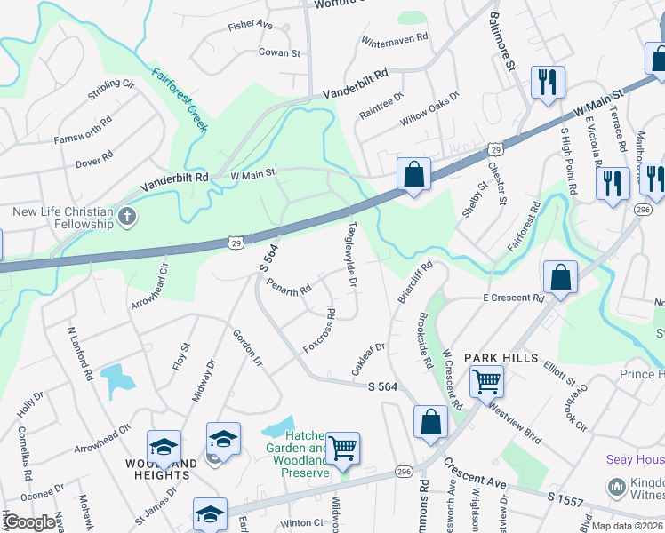 map of restaurants, bars, coffee shops, grocery stores, and more near 102 Penarth Road in Spartanburg