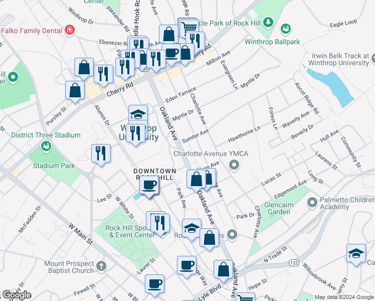 map of restaurants, bars, coffee shops, grocery stores, and more near 626A Oakland Avenue in Rock Hill