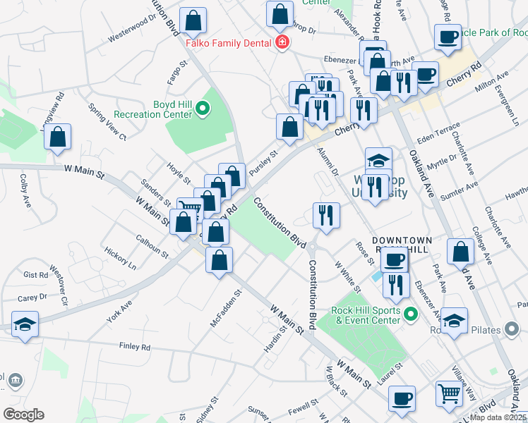map of restaurants, bars, coffee shops, grocery stores, and more near 977-985 Constitution Boulevard in Rock Hill