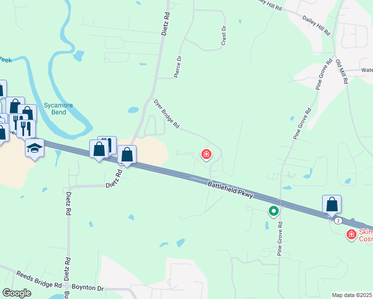map of restaurants, bars, coffee shops, grocery stores, and more near 123 Battlefield Crossing Court in Ringgold
