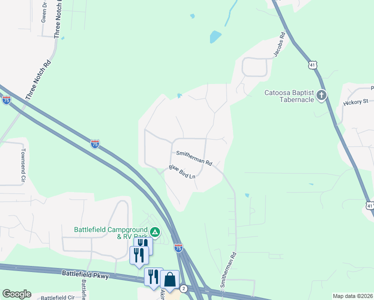 map of restaurants, bars, coffee shops, grocery stores, and more near 808 Smitherman Road in Ringgold