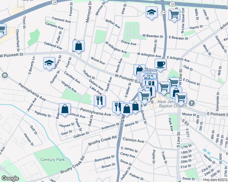 map of restaurants, bars, coffee shops, grocery stores, and more near 107 Paris Street in Greer