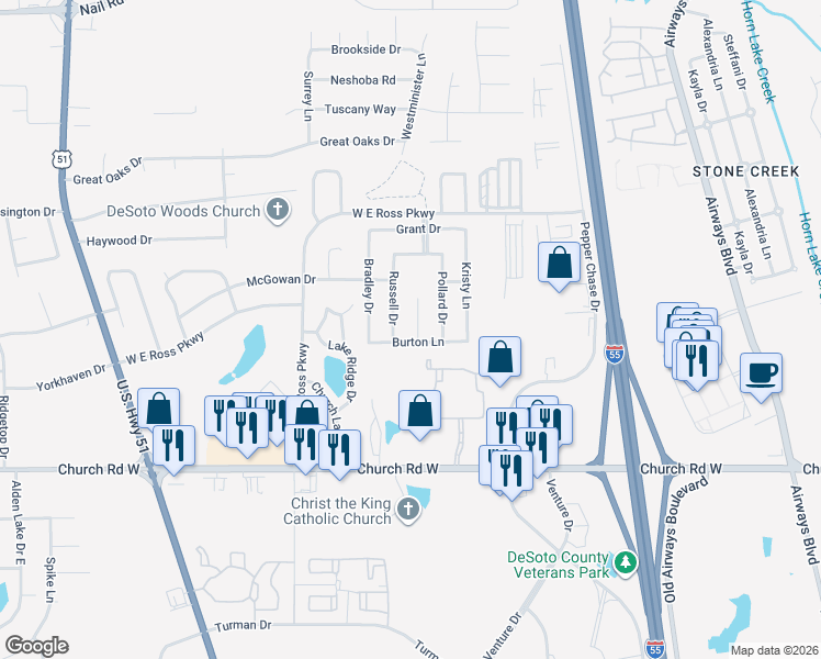 map of restaurants, bars, coffee shops, grocery stores, and more near 5307 Kalian Cove in Southaven