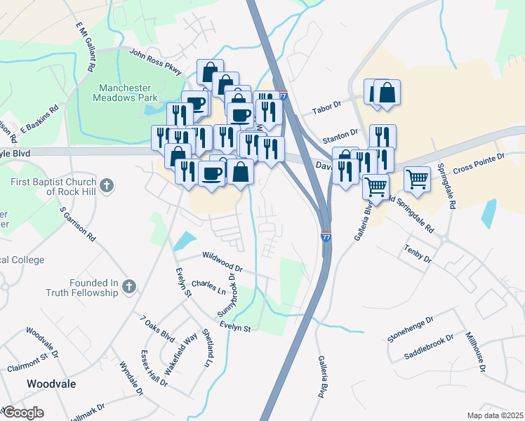 map of restaurants, bars, coffee shops, grocery stores, and more near 1134 Ardwyck Place in Rock Hill