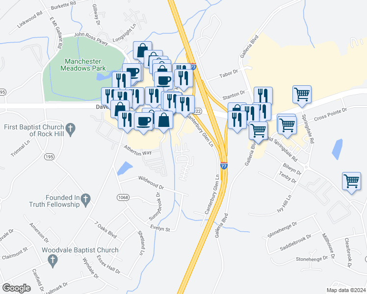 map of restaurants, bars, coffee shops, grocery stores, and more near 1133 Ardwyck Place in Rock Hill