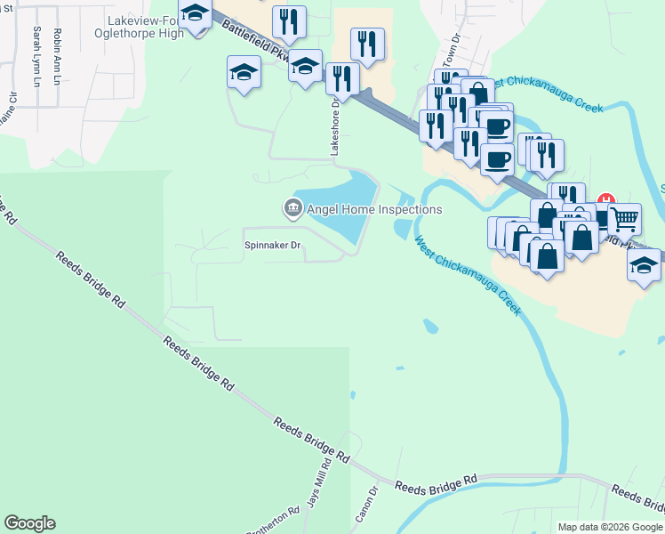 map of restaurants, bars, coffee shops, grocery stores, and more near 45 Shoreline Trace in Fort Oglethorpe