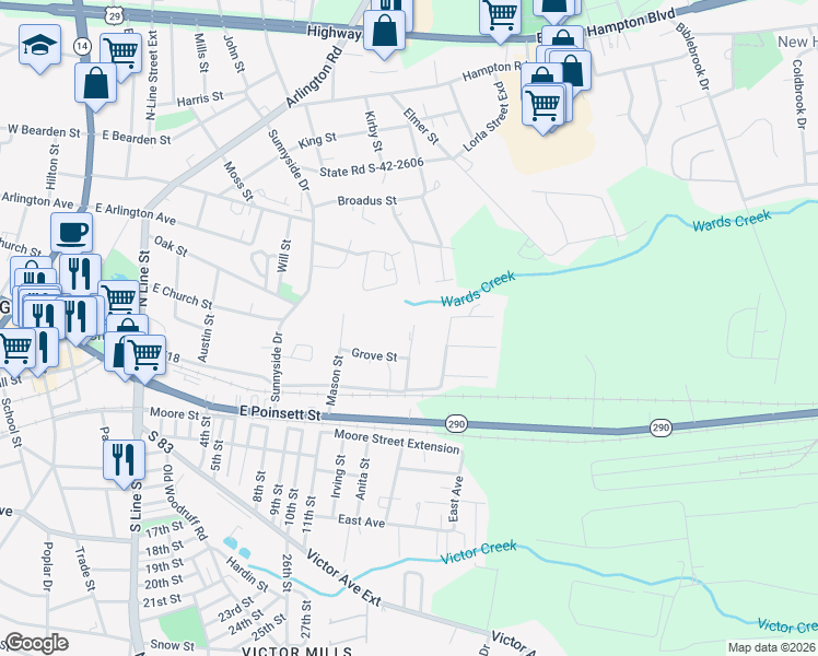 map of restaurants, bars, coffee shops, grocery stores, and more near 301 Wilson Street in Greer