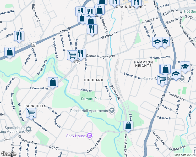 map of restaurants, bars, coffee shops, grocery stores, and more near 417 Highland Avenue in Spartanburg