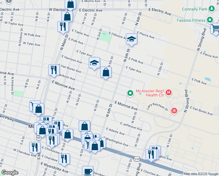map of restaurants, bars, coffee shops, grocery stores, and more near 501 East Jackson Avenue in McAlester