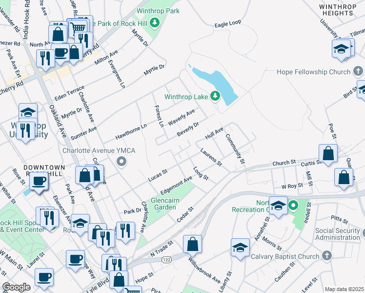map of restaurants, bars, coffee shops, grocery stores, and more near 352 Long Street in Rock Hill