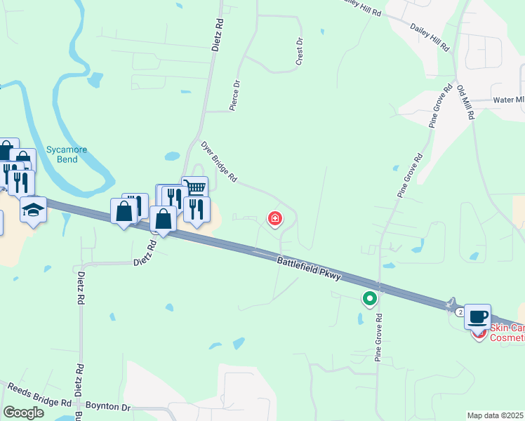 map of restaurants, bars, coffee shops, grocery stores, and more near 123 Battlefield Crossing Court in Ringgold