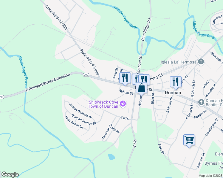 map of restaurants, bars, coffee shops, grocery stores, and more near 185 W Main St in Duncan