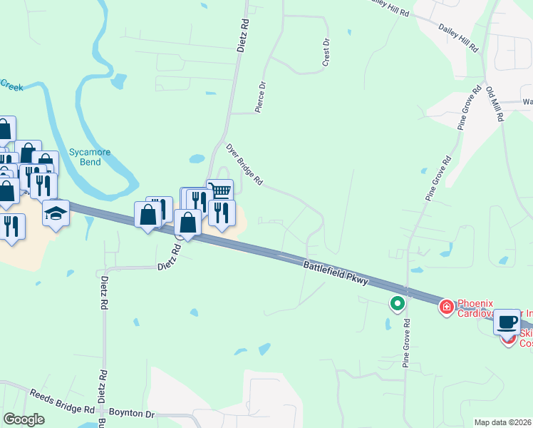 map of restaurants, bars, coffee shops, grocery stores, and more near 388 Dyer Bridge Road in Ringgold