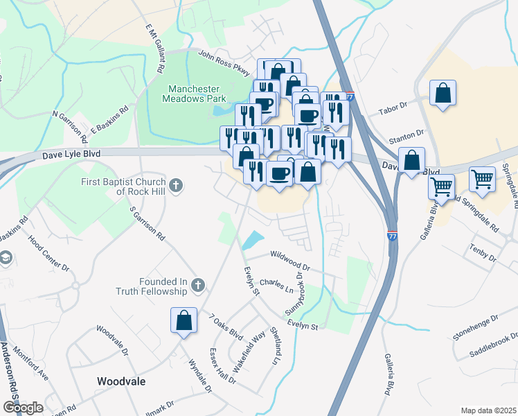 map of restaurants, bars, coffee shops, grocery stores, and more near 617 Atherton Way in Rock Hill