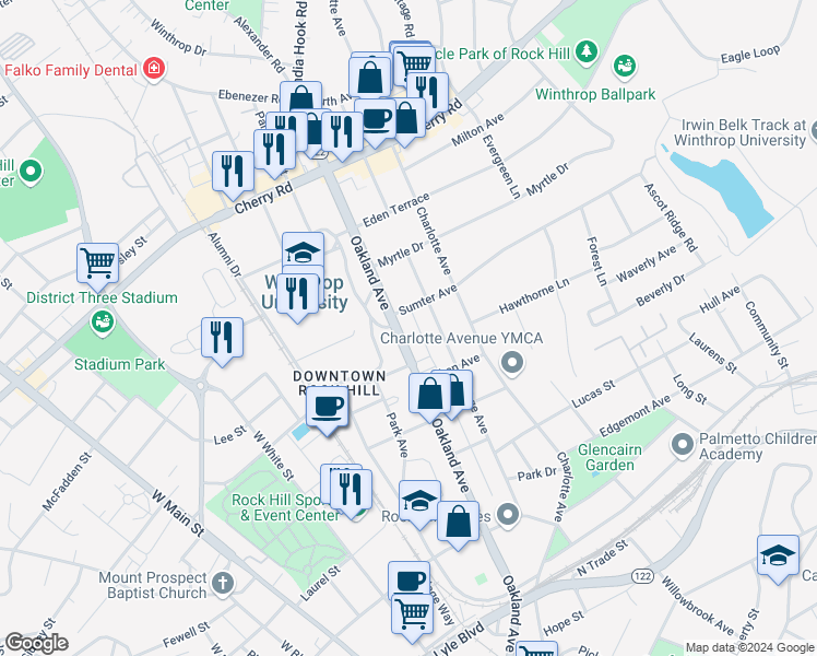 map of restaurants, bars, coffee shops, grocery stores, and more near 626A Oakland Avenue in Rock Hill