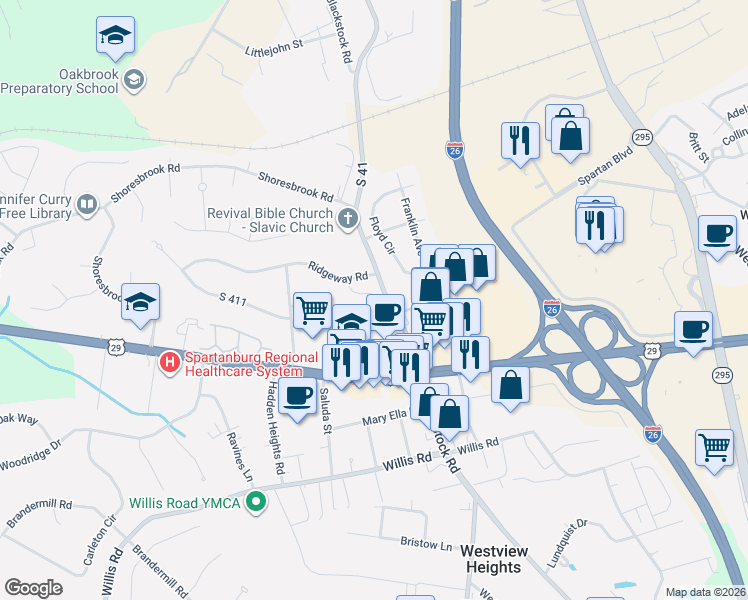 map of restaurants, bars, coffee shops, grocery stores, and more near 96 South 921 in Spartanburg