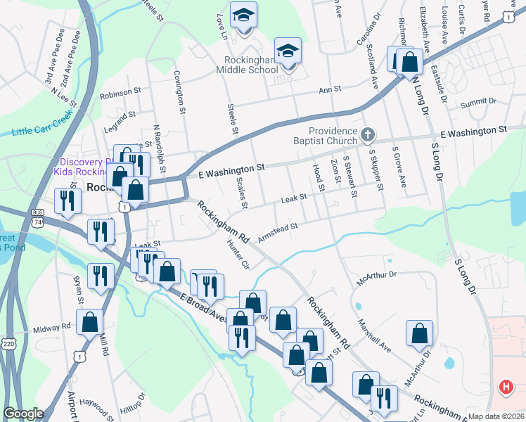 map of restaurants, bars, coffee shops, grocery stores, and more near 614 Leak Street in Rockingham