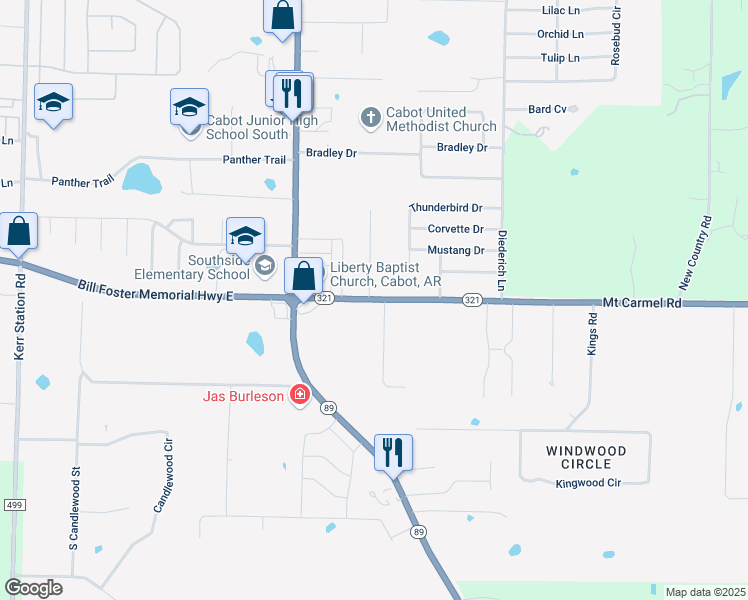 map of restaurants, bars, coffee shops, grocery stores, and more near 375 Mount Carmel Road in Cabot