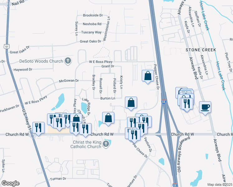 map of restaurants, bars, coffee shops, grocery stores, and more near 5316 Pollard Drive in Southaven