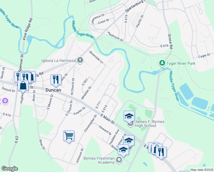 map of restaurants, bars, coffee shops, grocery stores, and more near 127 South 711 in Duncan