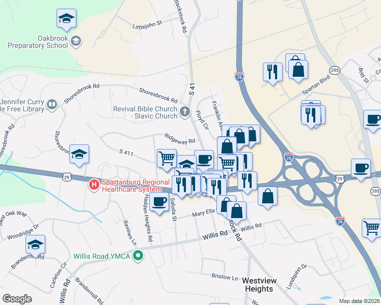 map of restaurants, bars, coffee shops, grocery stores, and more near 112 South 921 in Spartanburg