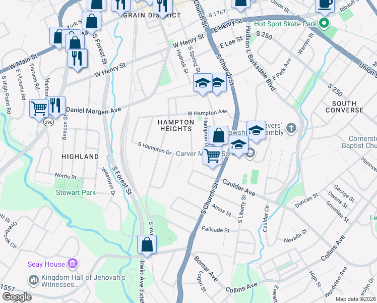 map of restaurants, bars, coffee shops, grocery stores, and more near 189 South Hampton Drive in Spartanburg