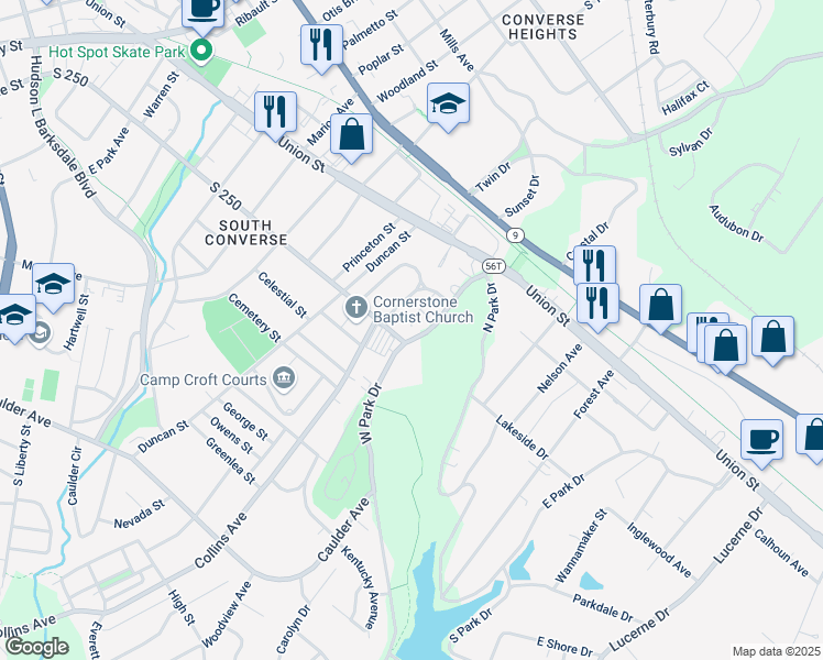 map of restaurants, bars, coffee shops, grocery stores, and more near 735 Duncan Park Drive in Spartanburg