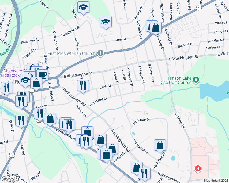 map of restaurants, bars, coffee shops, grocery stores, and more near 112 Glenwood Street in Rockingham