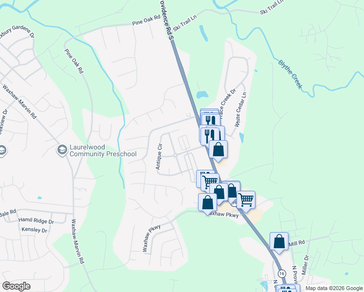 map of restaurants, bars, coffee shops, grocery stores, and more near 3909 Hermes Lane in Waxhaw