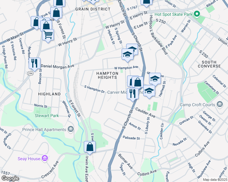 map of restaurants, bars, coffee shops, grocery stores, and more near 189 South Hampton Drive in Spartanburg