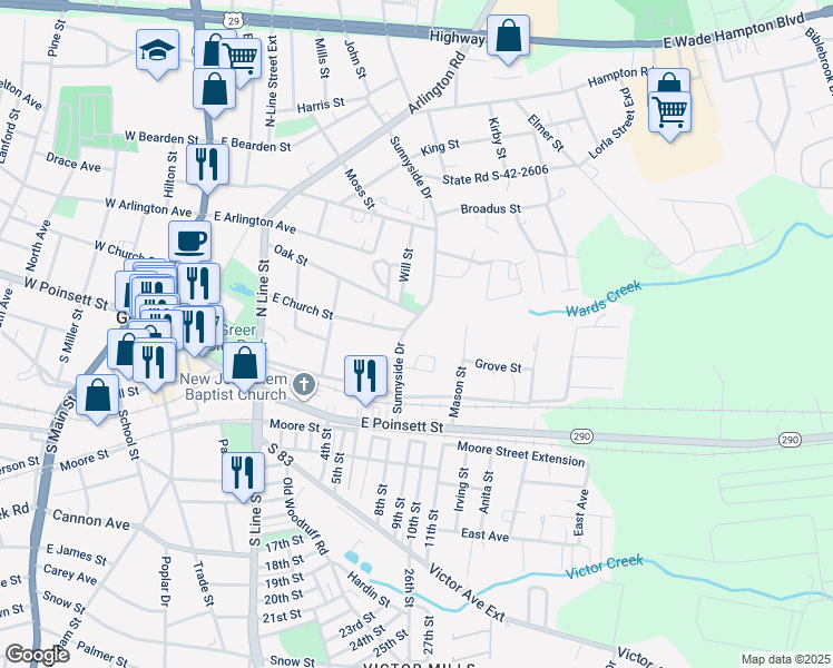 map of restaurants, bars, coffee shops, grocery stores, and more near 216 Sunnyside Drive in Greer