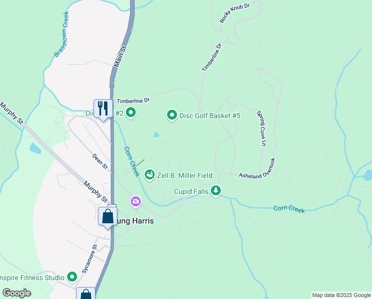 map of restaurants, bars, coffee shops, grocery stores, and more near 565 Sunset Drive in Young Harris